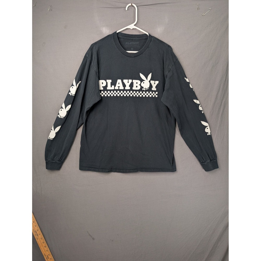 Playboy Mens Long Sleeve Graphic T-Shirt Black Bunny Logo Size Large